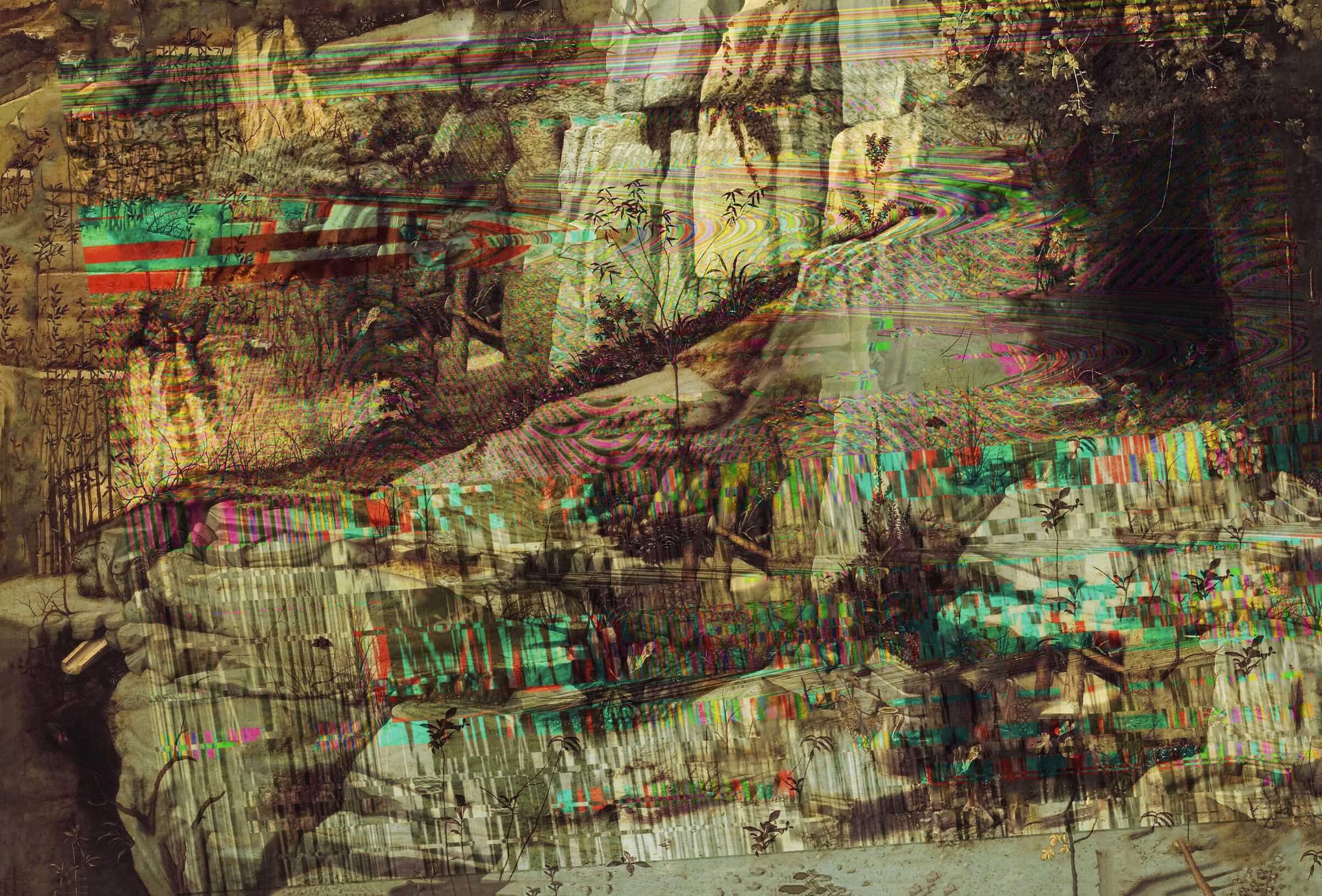 Glitch landschap gebaseerd on Bellini’s Sint Franciscus. Beeld: Theun Karelse.